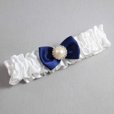 White and Navy Blue Satin Wedding Garter / White Wedding Garters / Wedding Garter / Custom Wedding Garter / Bridal Garter / Prom Garter / Linda Joyce Couture / Personalized Garter / Personalized Wedding Garter / Personalized Prom Garter