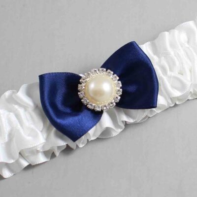 White and Navy Blue Satin Wedding Garter / White Wedding Garters / Wedding Garter / Custom Wedding Garter / Bridal Garter / Prom Garter / Linda Joyce Couture / Personalized Garter / Personalized Wedding Garter / Personalized Prom Garter