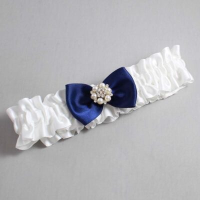 White and Navy Blue Satin Wedding Garter / White Wedding Garters / Wedding Garter / Custom Wedding Garter / Bridal Garter / Prom Garter / Linda Joyce Couture / Personalized Garter / Personalized Wedding Garter / Personalized Prom Garter