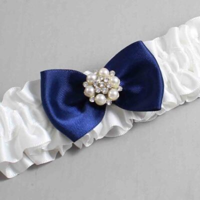 White and Navy Blue Satin Wedding Garter / White Wedding Garters / Wedding Garter / Custom Wedding Garter / Bridal Garter / Prom Garter / Linda Joyce Couture / Personalized Garter / Personalized Wedding Garter / Personalized Prom Garter