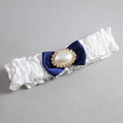 White and Navy Blue Satin Wedding Garter / White Wedding Garters / Wedding Garter / Custom Wedding Garter / Bridal Garter / Prom Garter / Linda Joyce Couture / Personalized Garter / Personalized Wedding Garter / Personalized Prom Garter