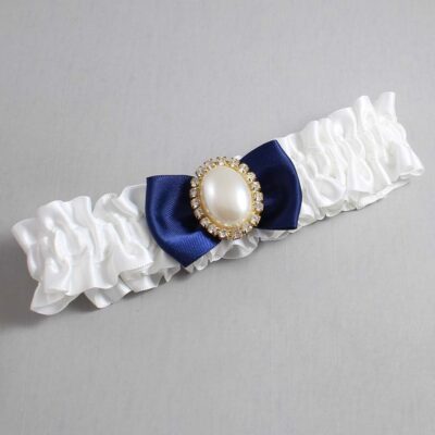 White and Navy Blue Satin Wedding Garter / White Wedding Garters / Wedding Garter / Custom Wedding Garter / Bridal Garter / Prom Garter / Linda Joyce Couture / Personalized Garter / Personalized Wedding Garter / Personalized Prom Garter