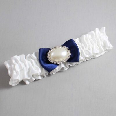 White and Navy Blue Satin Wedding Garter / White Wedding Garters / Wedding Garter / Custom Wedding Garter / Bridal Garter / Prom Garter / Linda Joyce Couture / Personalized Garter / Personalized Wedding Garter / Personalized Prom Garter