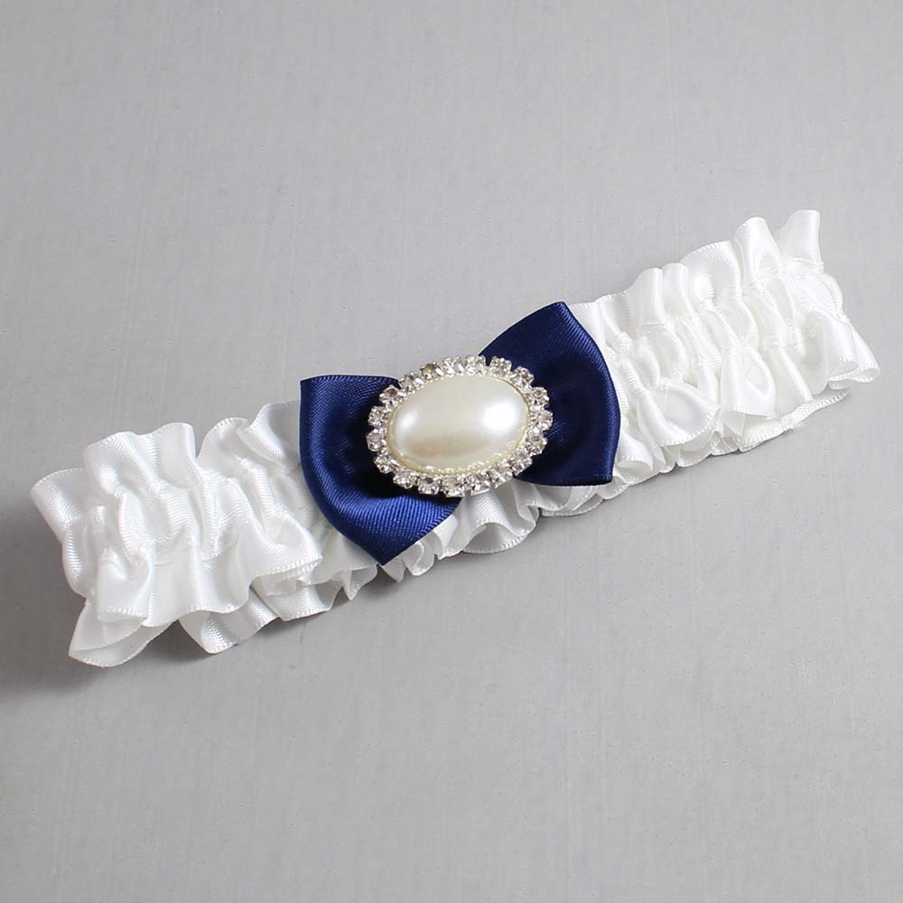 White and Navy Blue Satin Wedding Garter / White Wedding Garters / Wedding Garter / Custom Wedding Garter / Bridal Garter / Prom Garter / Linda Joyce Couture / Personalized Garter / Personalized Wedding Garter / Personalized Prom Garter