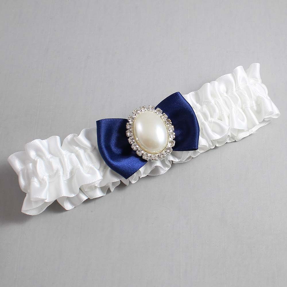 White and Navy Blue Satin Wedding Garter / White Wedding Garters / Wedding Garter / Custom Wedding Garter / Bridal Garter / Prom Garter / Linda Joyce Couture / Personalized Garter / Personalized Wedding Garter / Personalized Prom Garter