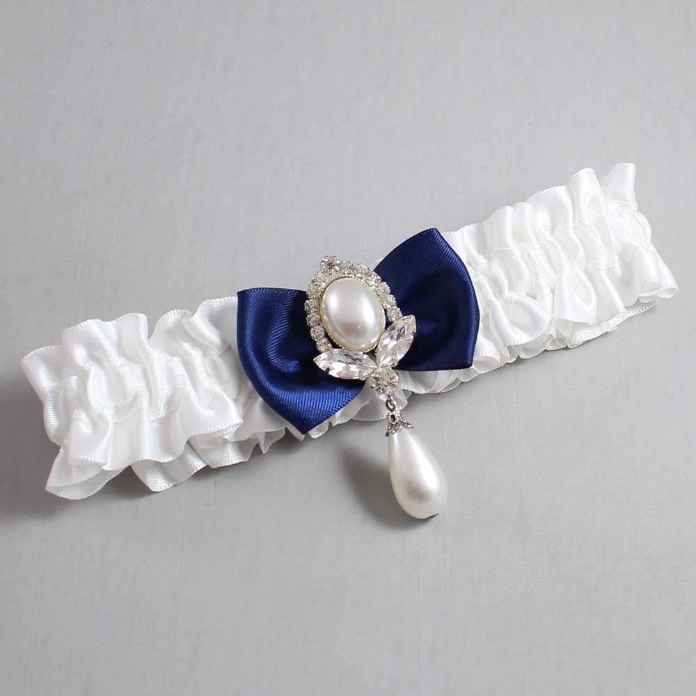 White and Navy Blue Satin Wedding Garter / White Wedding Garters / Wedding Garter / Custom Wedding Garter / Bridal Garter / Prom Garter / Linda Joyce Couture / Personalized Garter / Personalized Wedding Garter / Personalized Prom Garter