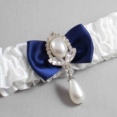 White and Navy Blue Satin Wedding Garter / White Wedding Garters / Wedding Garter / Custom Wedding Garter / Bridal Garter / Prom Garter / Linda Joyce Couture / Personalized Garter / Personalized Wedding Garter / Personalized Prom Garter