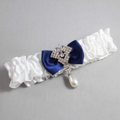White and Navy Blue Satin Wedding Garter / White Wedding Garters / Wedding Garter / Custom Wedding Garter / Bridal Garter / Prom Garter / Linda Joyce Couture / Personalized Garter / Personalized Wedding Garter / Personalized Prom Garter