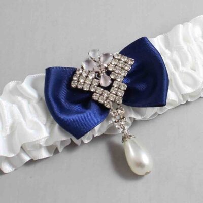White and Navy Blue Satin Wedding Garter / White Wedding Garters / Wedding Garter / Custom Wedding Garter / Bridal Garter / Prom Garter / Linda Joyce Couture / Personalized Garter / Personalized Wedding Garter / Personalized Prom Garter