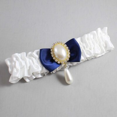 White and Navy Blue Satin Wedding Garter / White Wedding Garters / Wedding Garter / Custom Wedding Garter / Bridal Garter / Prom Garter / Linda Joyce Couture / Personalized Garter / Personalized Wedding Garter / Personalized Prom Garter