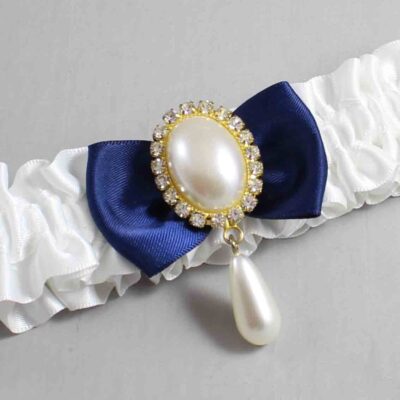 White and Navy Blue Satin Wedding Garter / White Wedding Garters / Wedding Garter / Custom Wedding Garter / Bridal Garter / Prom Garter / Linda Joyce Couture / Personalized Garter / Personalized Wedding Garter / Personalized Prom Garter