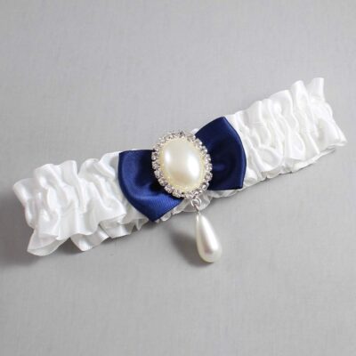 White and Navy Blue Satin Wedding Garter / White Wedding Garters / Wedding Garter / Custom Wedding Garter / Bridal Garter / Prom Garter / Linda Joyce Couture / Personalized Garter / Personalized Wedding Garter / Personalized Prom Garter