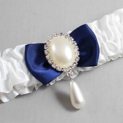 White and Navy Blue Satin Wedding Garter / White Wedding Garters / Wedding Garter / Custom Wedding Garter / Bridal Garter / Prom Garter / Linda Joyce Couture / Personalized Garter / Personalized Wedding Garter / Personalized Prom Garter