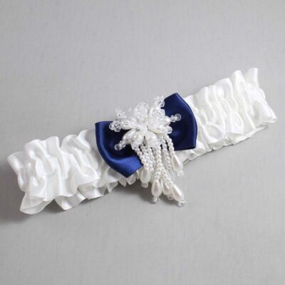 White and Navy Blue Satin Wedding Garter / White Wedding Garters / Wedding Garter / Custom Wedding Garter / Bridal Garter / Prom Garter / Linda Joyce Couture / Personalized Garter / Personalized Wedding Garter / Personalized Prom Garter