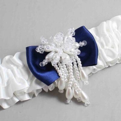 White and Navy Blue Satin Wedding Garter / White Wedding Garters / Wedding Garter / Custom Wedding Garter / Bridal Garter / Prom Garter / Linda Joyce Couture / Personalized Garter / Personalized Wedding Garter / Personalized Prom Garter