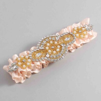 Nude Satin with Gold Wedding Garter / Orange Wedding Garters / Charlotte # (113-113)-01-A05-Gold