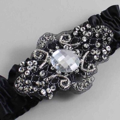 Black Satin with Black Wedding Garter / Black Wedding Garters / Bijou # (123-123)-01-A02-Black
