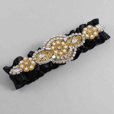 Black Satin with Gold Wedding Garter / Black Wedding Garters / Charlotte # (123-123)-01-A05-Gold