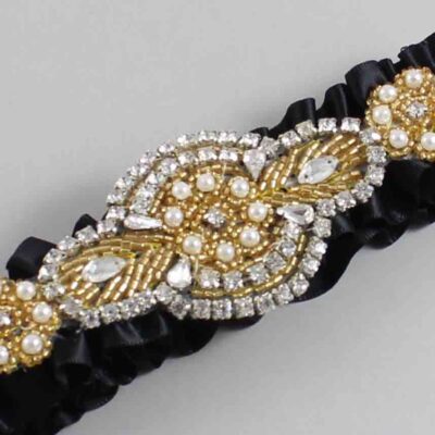 Black Satin with Gold Wedding Garter / Black Wedding Garters / Charlotte # (123-123)-01-A05-Gold