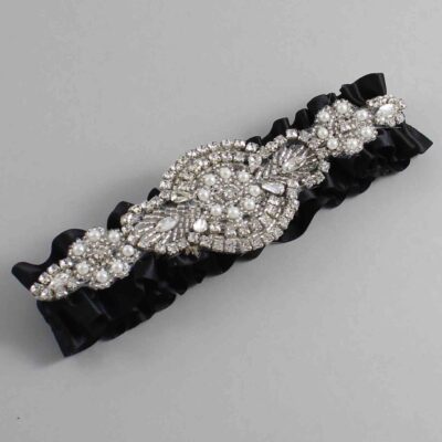 Black Satin Wedding Garter / Solid Black Wedding Garters / Charlotte # (123-123)-01-A06-Silver