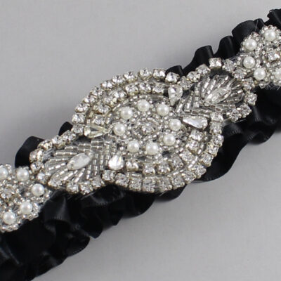 Black Satin Wedding Garter / Solid Black Wedding Garters / Charlotte # (123-123)-01-A06-Silver