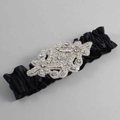 Black Satin Wedding Garter / Solid Black Wedding Garters / Heather # (123-123)-01-A07-Silver