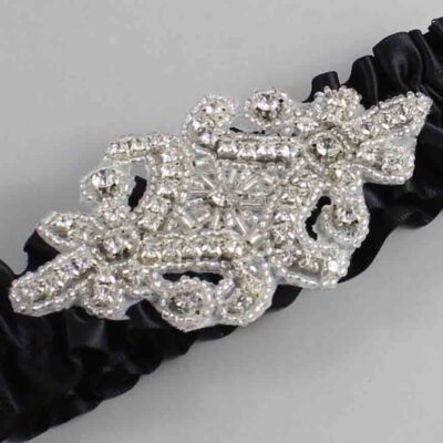 Black Satin Wedding Garter / Solid Black Wedding Garters / Heather # (123-123)-01-A07-Silver