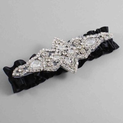Black Satin Wedding Garter / Solid Black Wedding Garters / Lorine # (123-123)-01-A09-Silver