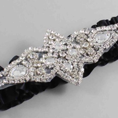 Black Satin Wedding Garter / Solid Black Wedding Garters / Lorine # (123-123)-01-A09-Silver