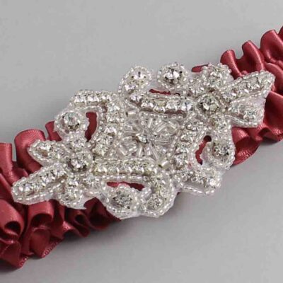 Cinnabar Satin Wedding Garter / Solid Orange Wedding Garters / Heather # (141-141)-01-A07-Silver