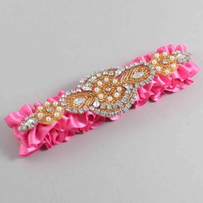 Persian Pink Satin with Gold Wedding Garter / Pink Wedding Garters / Charlotte # (142-142)-01-A05-Gold