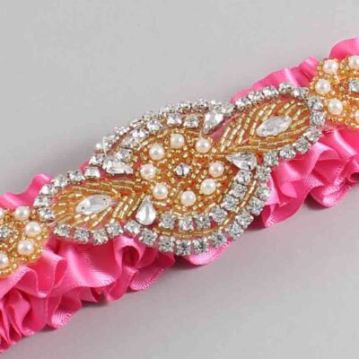 Persian Pink Satin with Gold Wedding Garter / Pink Wedding Garters / Charlotte # (142-142)-01-A05-Gold