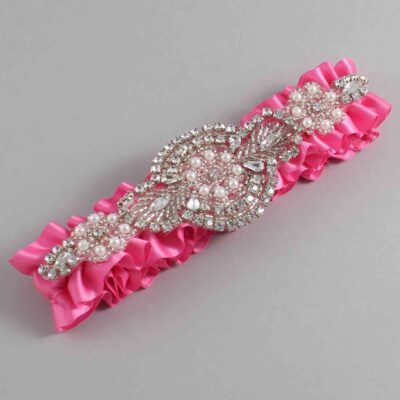 Persian Pink Satin Wedding Garter / Solid Pink Wedding Garters / Charlotte # (142-142)-01-A06-Silver