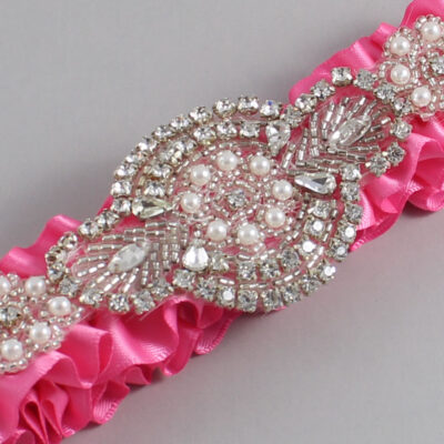 Persian Pink Satin Wedding Garter / Solid Pink Wedding Garters / Charlotte # (142-142)-01-A06-Silver