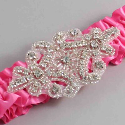 Persian Pink Satin Wedding Garter / Solid Pink Wedding Garters / Heather # (142-142)-01-A07-Silver