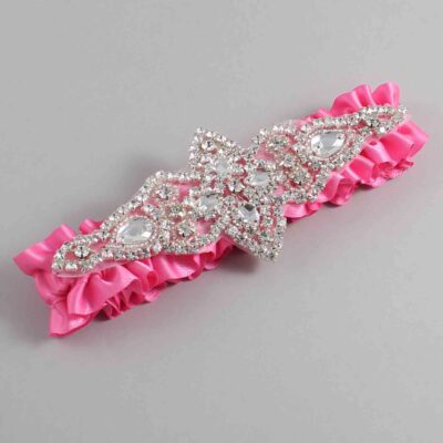 Persian Pink Satin Wedding Garter / Solid Pink Wedding Garters / Lorine # (142-142)-01-A09-Silver