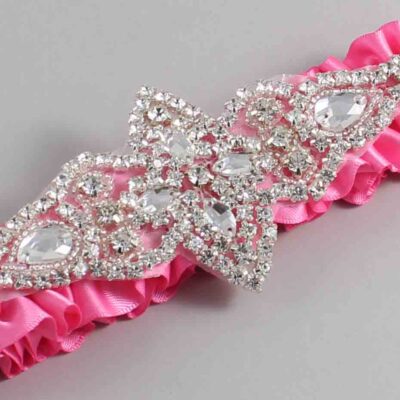 Persian Pink Satin Wedding Garter / Solid Pink Wedding Garters / Lorine # (142-142)-01-A09-Silver