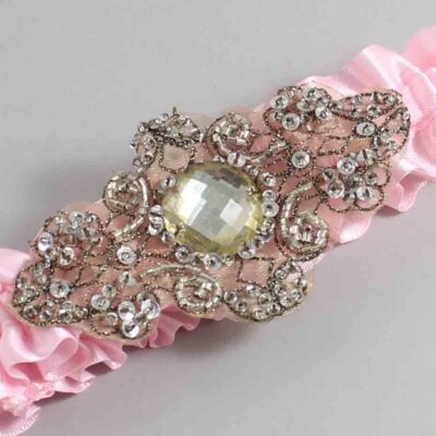Light Pink Satin with Brown Wedding Garter / Pink Wedding Garters / Bijou # (145-145)-01-A01-Antique