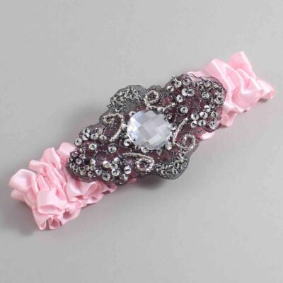 Light Pink Satin with Black Wedding Garter / Pink Wedding Garters / Bijou # (145-145)-01-A02-Black