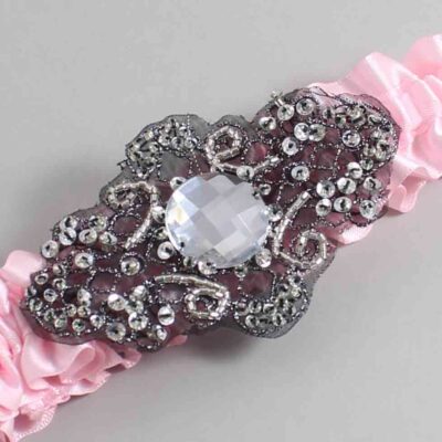 Light Pink Satin with Black Wedding Garter / Pink Wedding Garters / Bijou # (145-145)-01-A02-Black