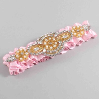 Light Pink Satin with Gold Wedding Garter / Pink Wedding Garters / Charlotte # (145-145)-01-A05-Gold