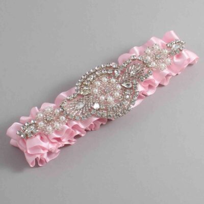 Light Pink Satin Wedding Garter / Solid Pink Wedding Garters / Charlotte # (145-145)-01-A06-Silver