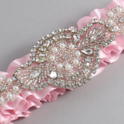 Light Pink Satin Wedding Garter / Solid Pink Wedding Garters / Charlotte # (145-145)-01-A06-Silver