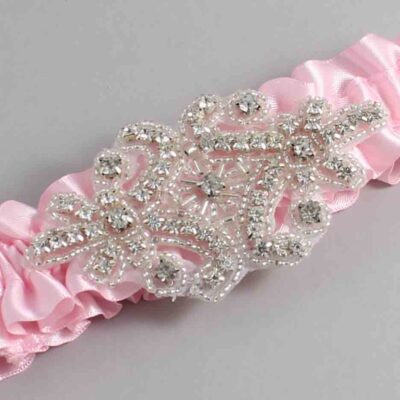 Light Pink Satin Wedding Garter / Solid Pink Wedding Garters / Heather # (145-145)-01-A07-Silver