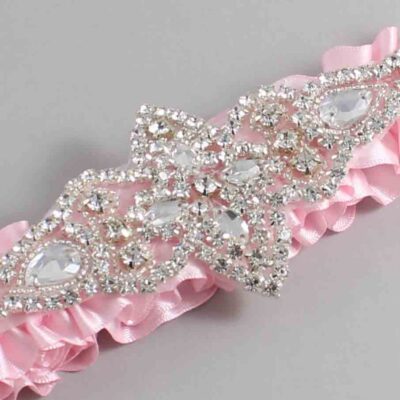 Light Pink Satin Wedding Garter / Solid Pink Wedding Garters / Lorine # (145-145)-01-A09-Silver