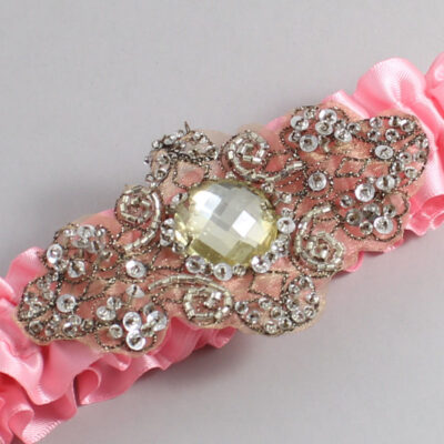 Pink Satin with Brown Wedding Garter / Pink Wedding Garters / Bijou # (156-156)-01-A01-Antique