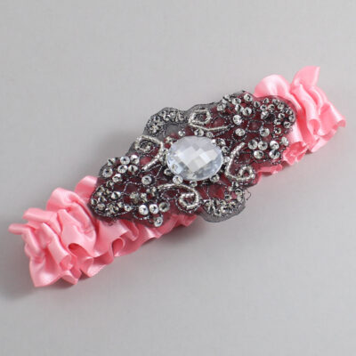 Pink Satin with Black Wedding Garter / Pink Wedding Garters / Bijou # (156-156)-01-A02-Black