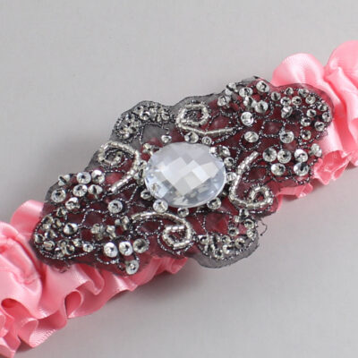Pink Satin with Black Wedding Garter / Pink Wedding Garters / Bijou # (156-156)-01-A02-Black