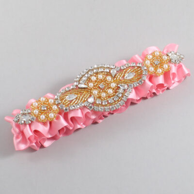Pink Satin with Gold Wedding Garter / Pink Wedding Garters / Charlotte # (156-156)-01-A05-Gold