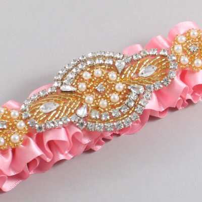 Pink Satin with Gold Wedding Garter / Pink Wedding Garters / Charlotte # (156-156)-01-A05-Gold